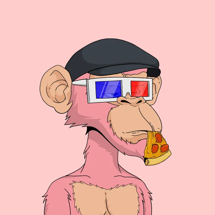 Pink Ape with 3D glasses and a pizza slice