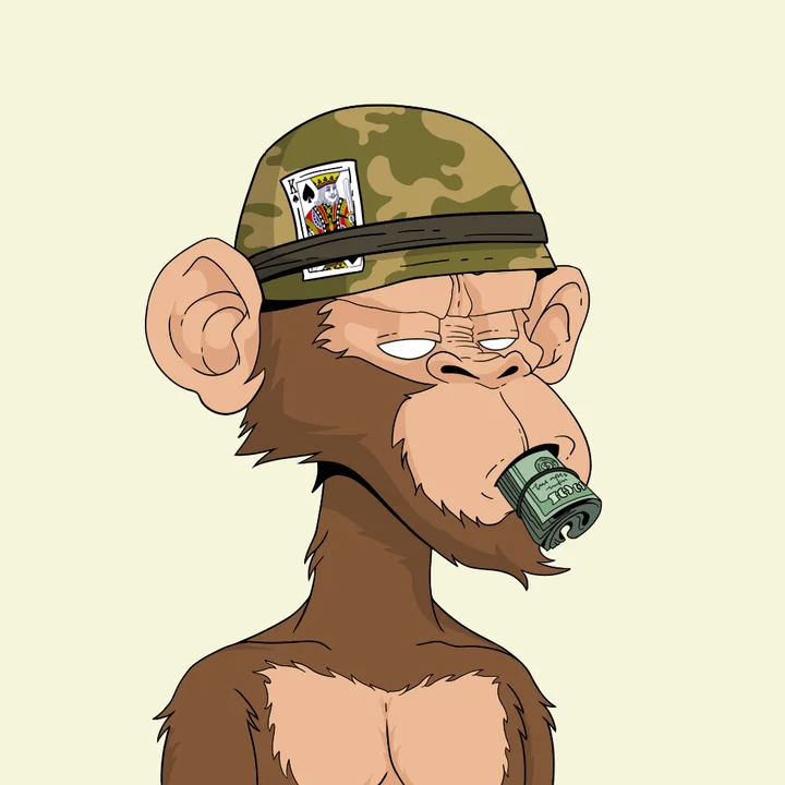Ape in a camo helmet with cash in its mouth