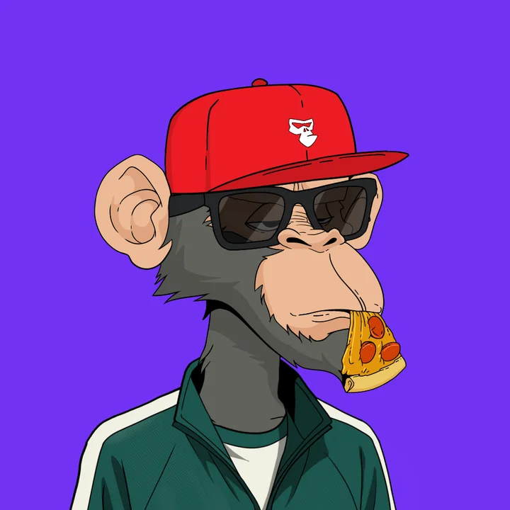 Ape in a red cap and sunglasses with a pizza slice in its mouth