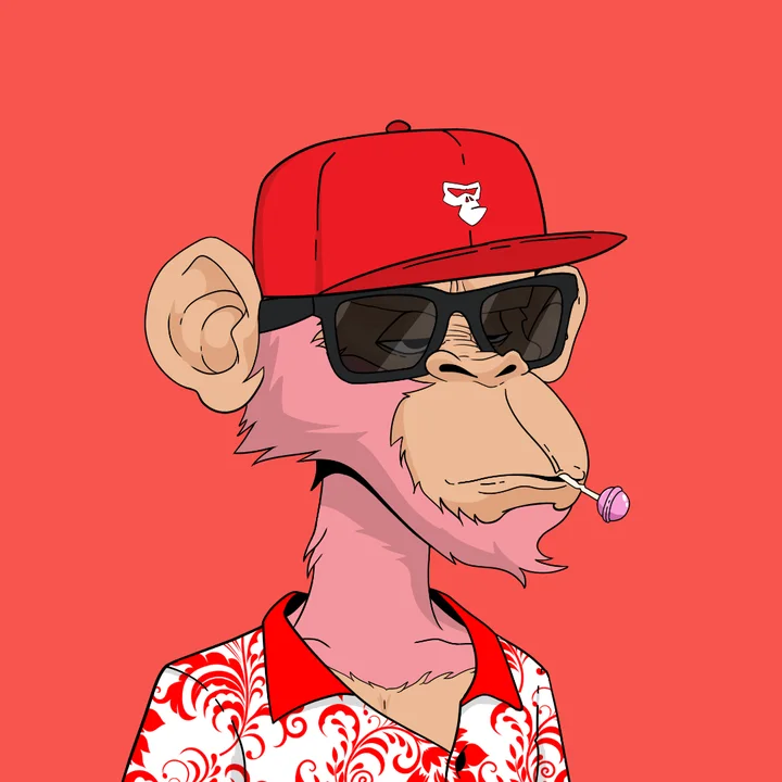 Ape in a red cap and floral shirt with a lollipop